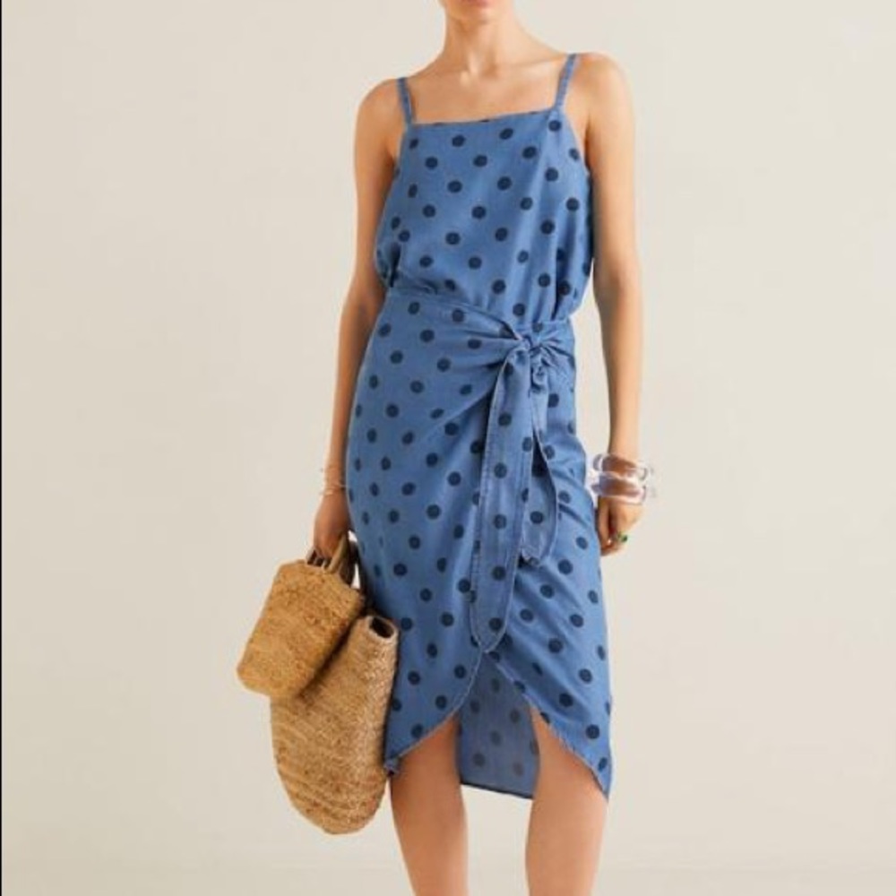 Mango Polkadot Chambray midi wrap skirt